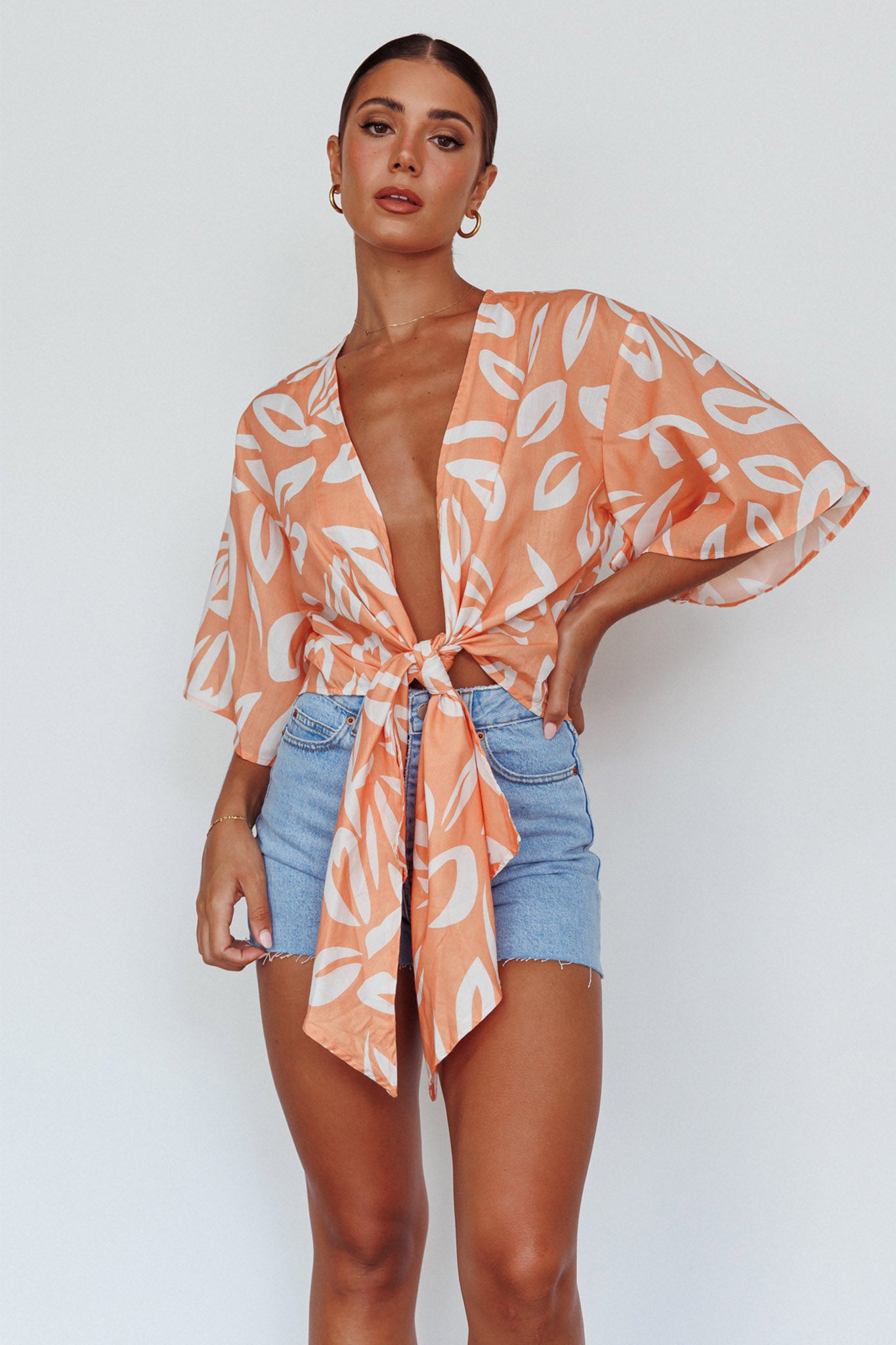Rivera Deep-V Waist-Tie Top Leaves Mango-Maymioy