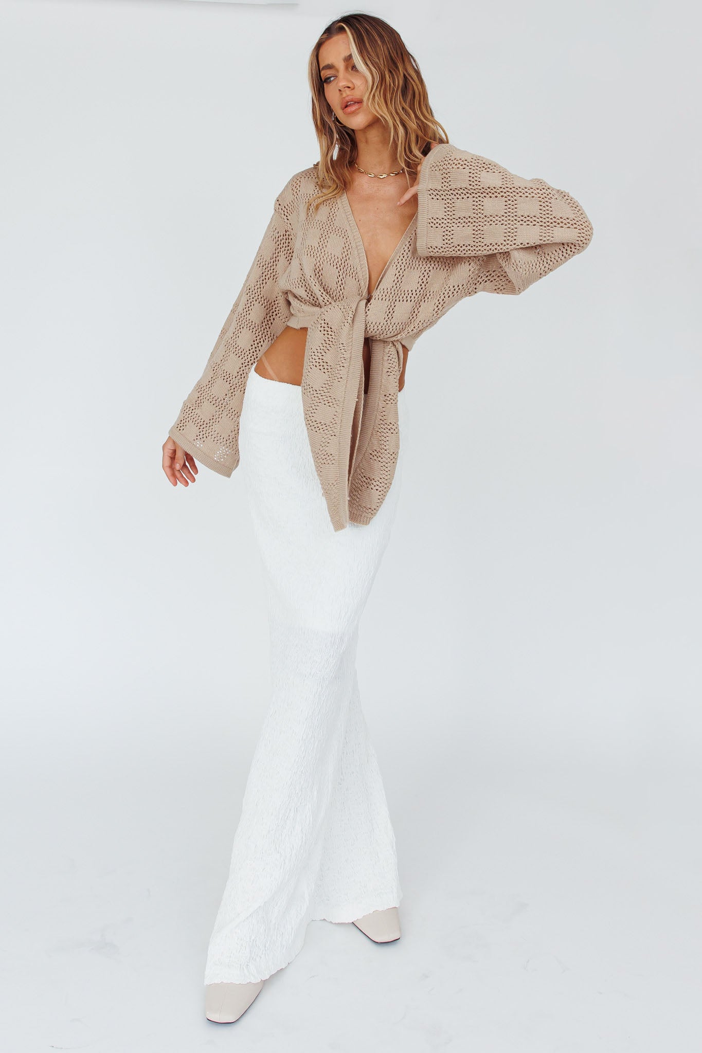 Rivera Deep-V Waist-Tie Top Crochet Sand-Maymioy