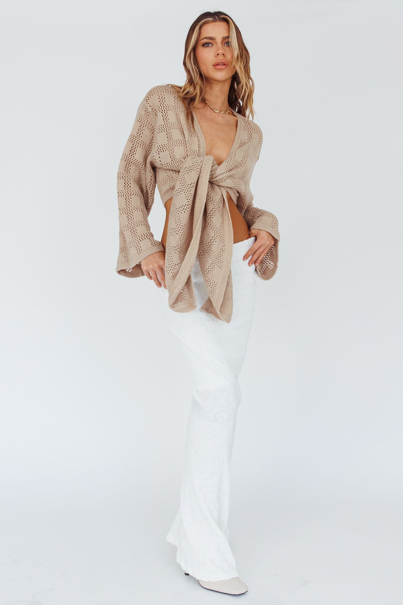 Rivera Deep-V Waist-Tie Top Crochet Sand-Maymioy