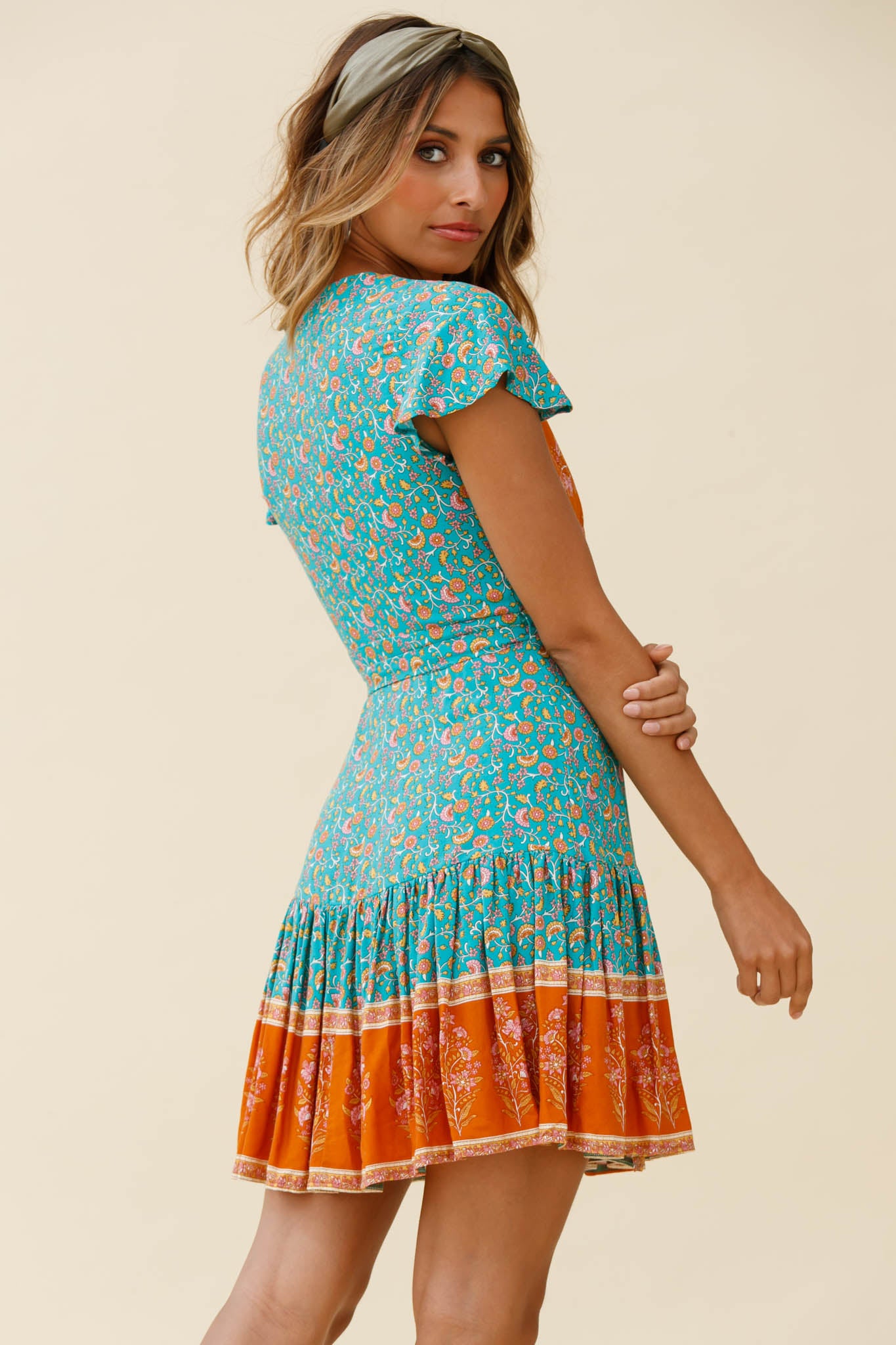 Mayan Angel Sleeve Waist Tie Wrap Dress Floral Print Jade-Maymioy