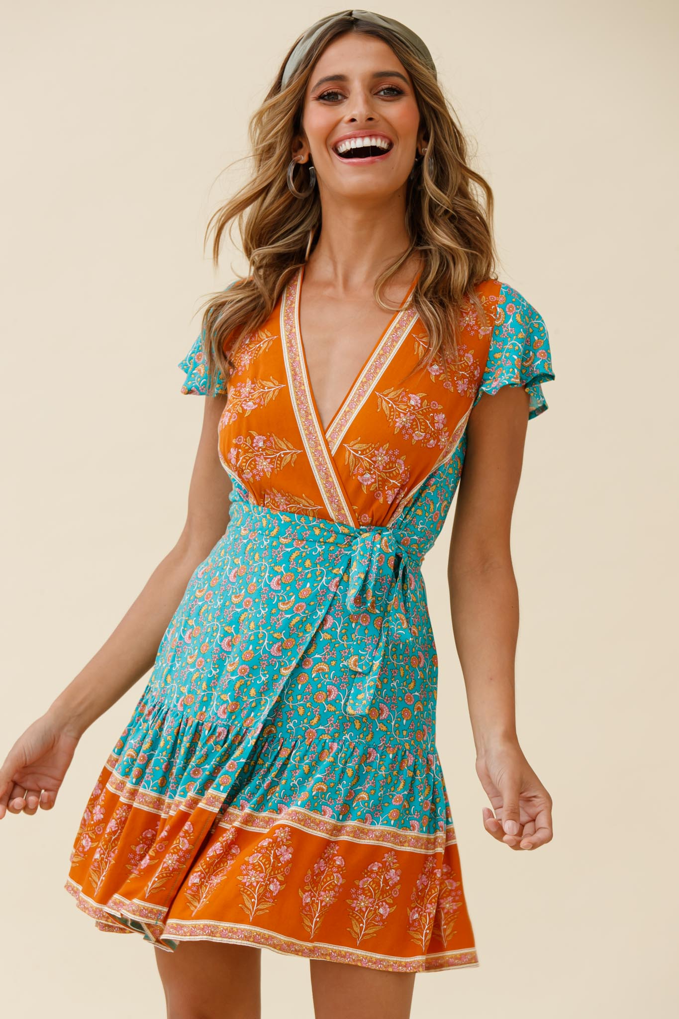 Mayan Angel Sleeve Waist Tie Wrap Dress Floral Print Jade-Maymioy