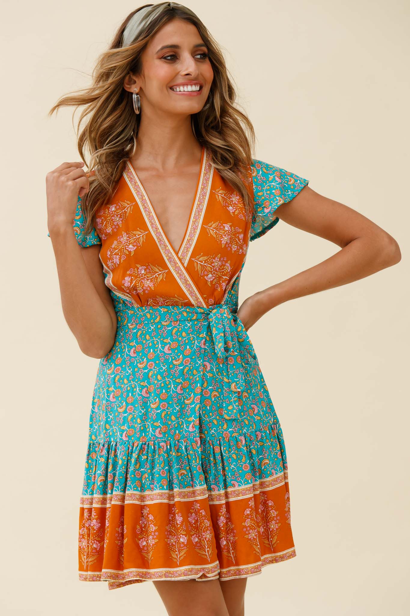Mayan Angel Sleeve Waist Tie Wrap Dress Floral Print Jade-Maymioy