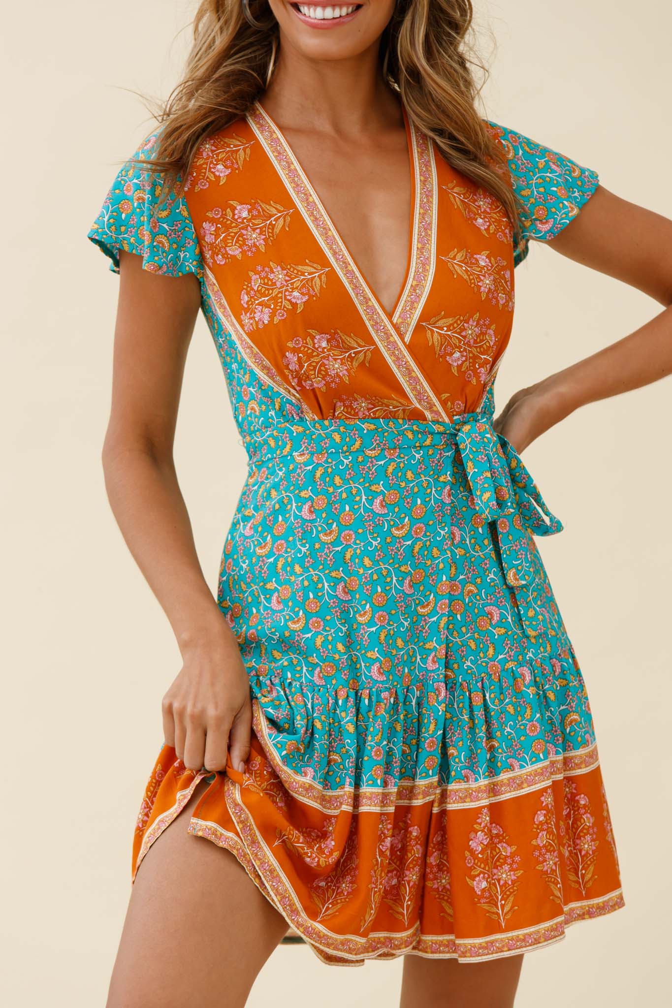 Mayan Angel Sleeve Waist Tie Wrap Dress Floral Print Jade-Maymioy