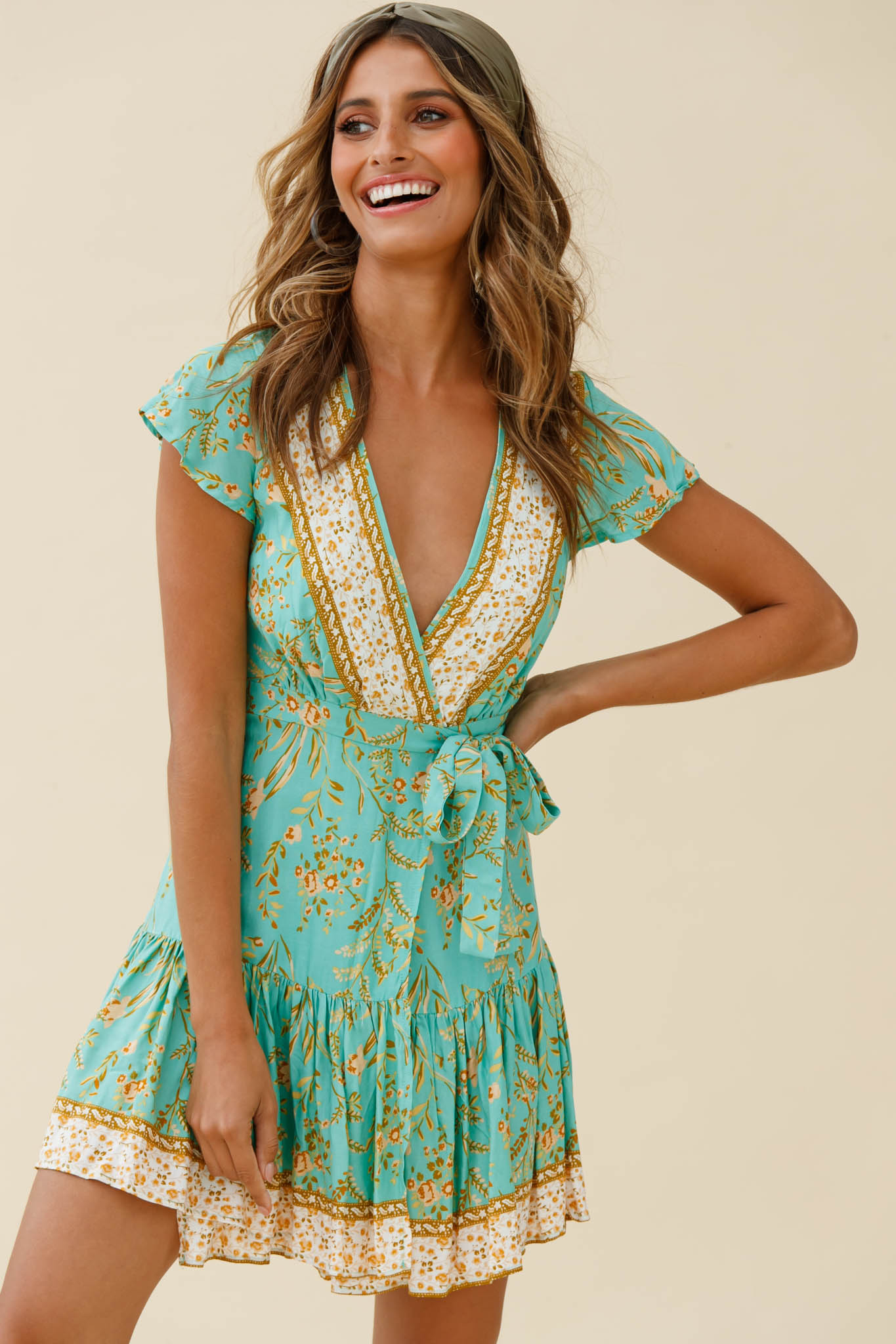 Mayan Angel Sleeve Waist Tie Wrap Dress Floral Print Mint-Maymioy
