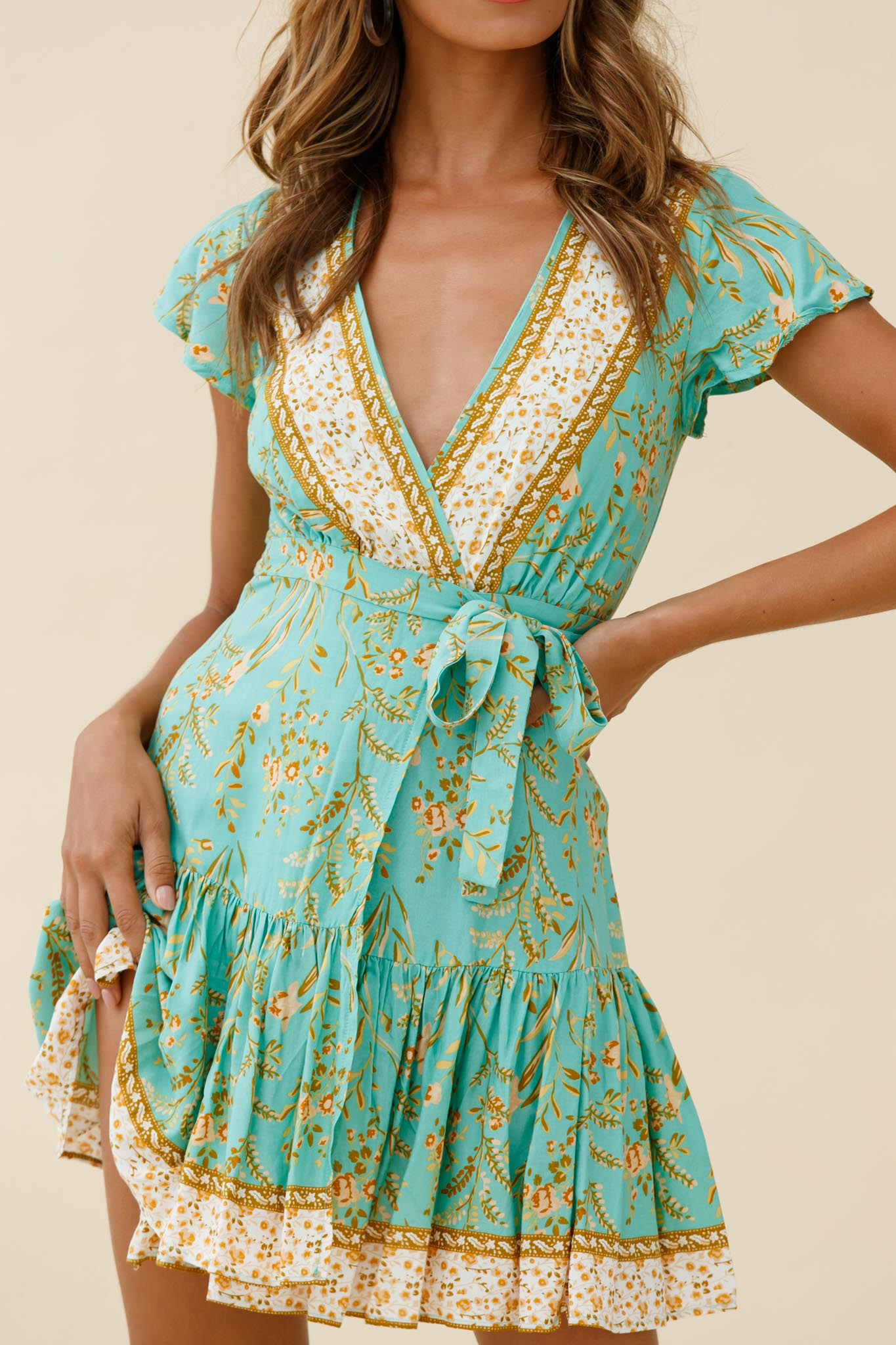 Mayan Angel Sleeve Waist Tie Wrap Dress Floral Print Mint-Maymioy