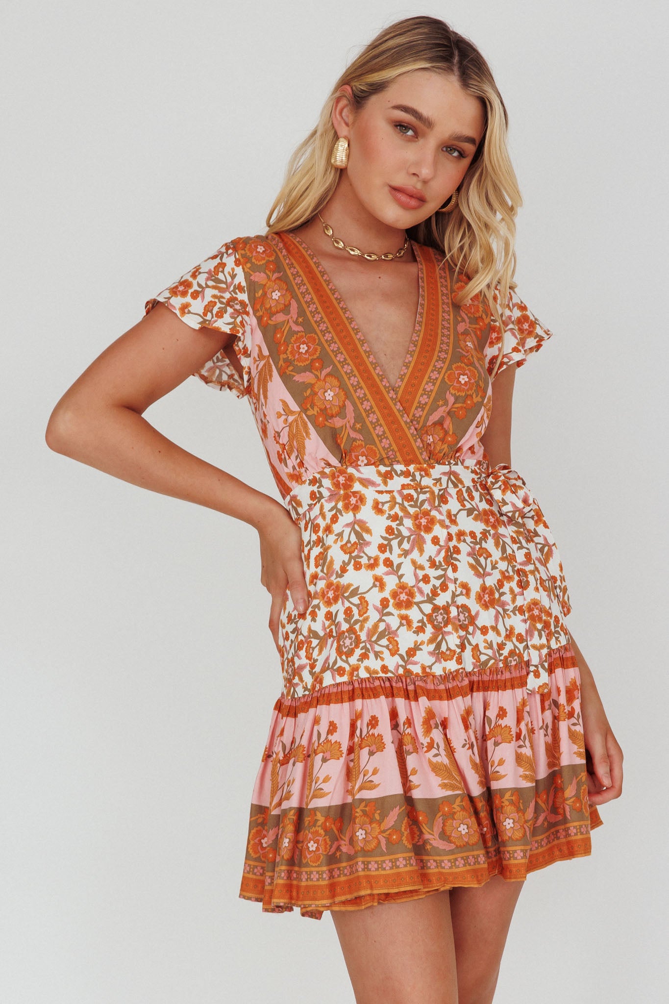 Mayan Angel Sleeve Waist Tie Wrap Dress Floral White/Pink-Maymioy