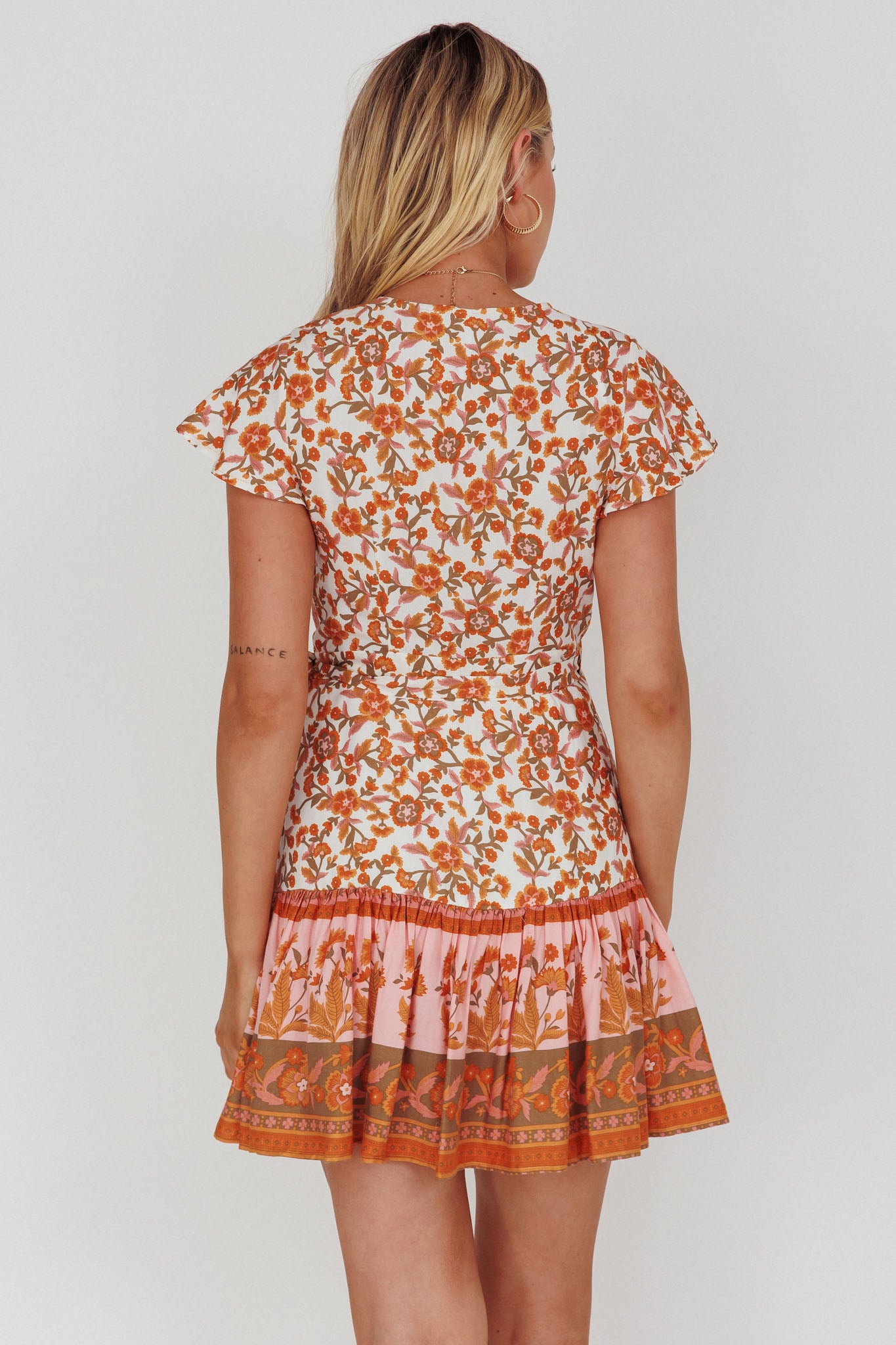 Mayan Angel Sleeve Waist Tie Wrap Dress Floral White/Pink-Maymioy