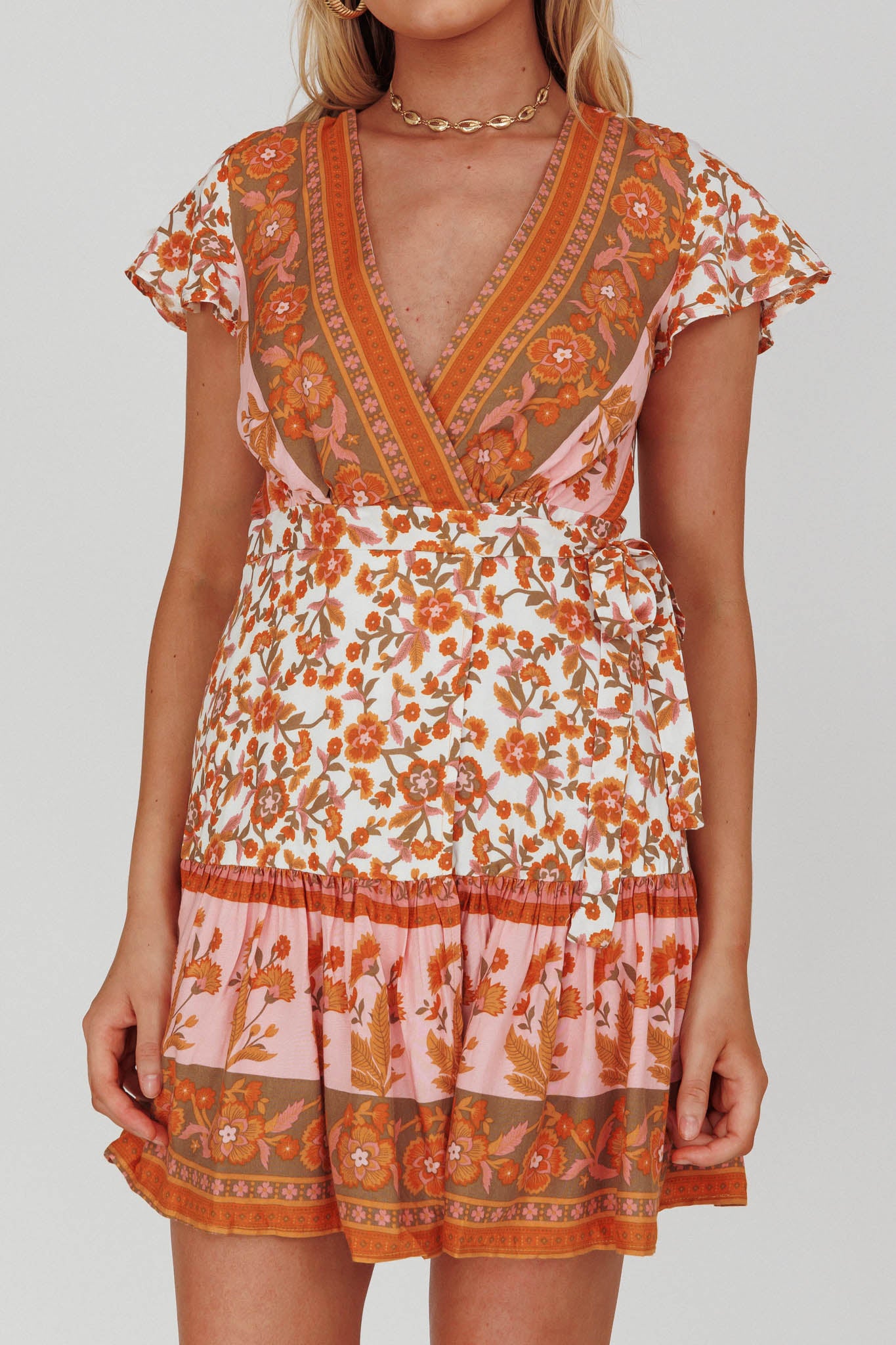 Mayan Angel Sleeve Waist Tie Wrap Dress Floral White/Pink-Maymioy