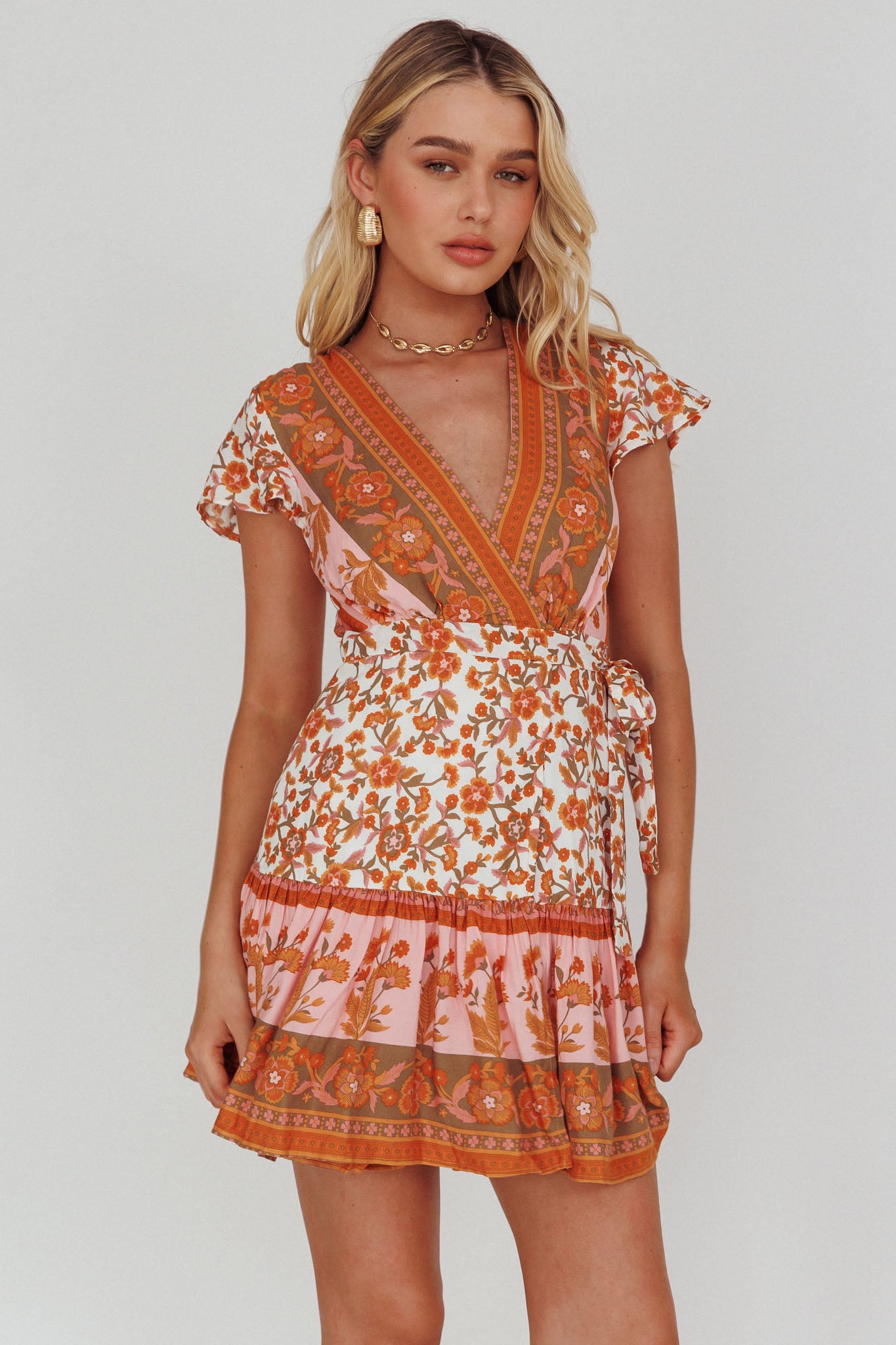 Mayan Angel Sleeve Waist Tie Wrap Dress Floral White/Pink-Maymioy