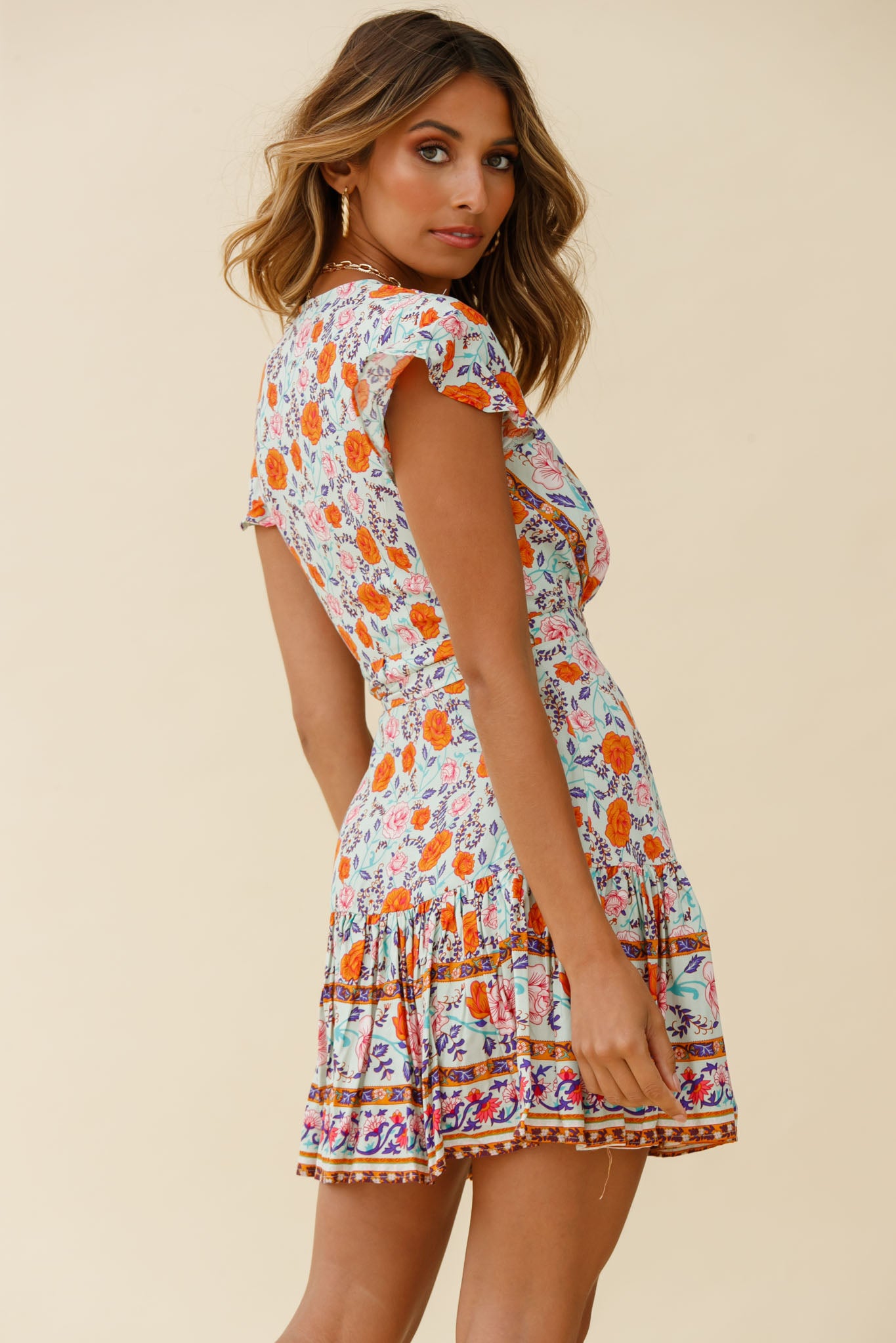Mayan Angel Sleeve Waist Tie Wrap Dress Floral Print Mint/Pink-Maymioy