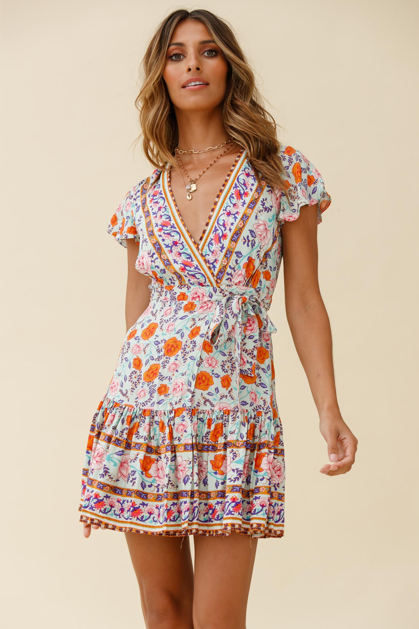 Mayan Angel Sleeve Waist Tie Wrap Dress Floral Print Mint/Pink-Maymioy