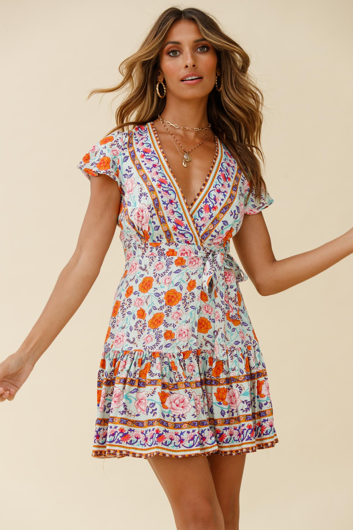 Mayan Angel Sleeve Waist Tie Wrap Dress Floral Print Mint/Pink-Maymioy