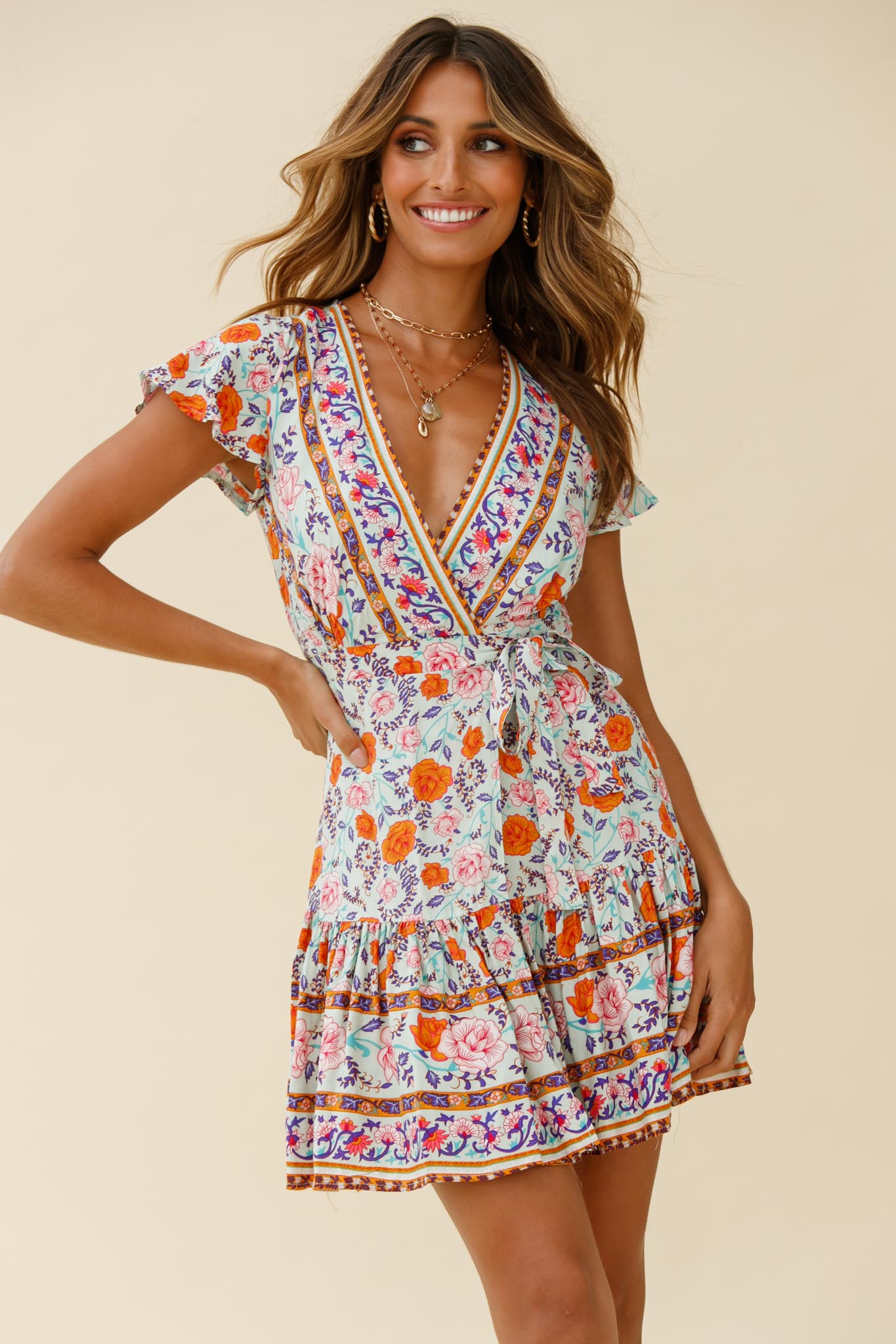 Mayan Angel Sleeve Waist Tie Wrap Dress Floral Print Mint/Pink-Maymioy