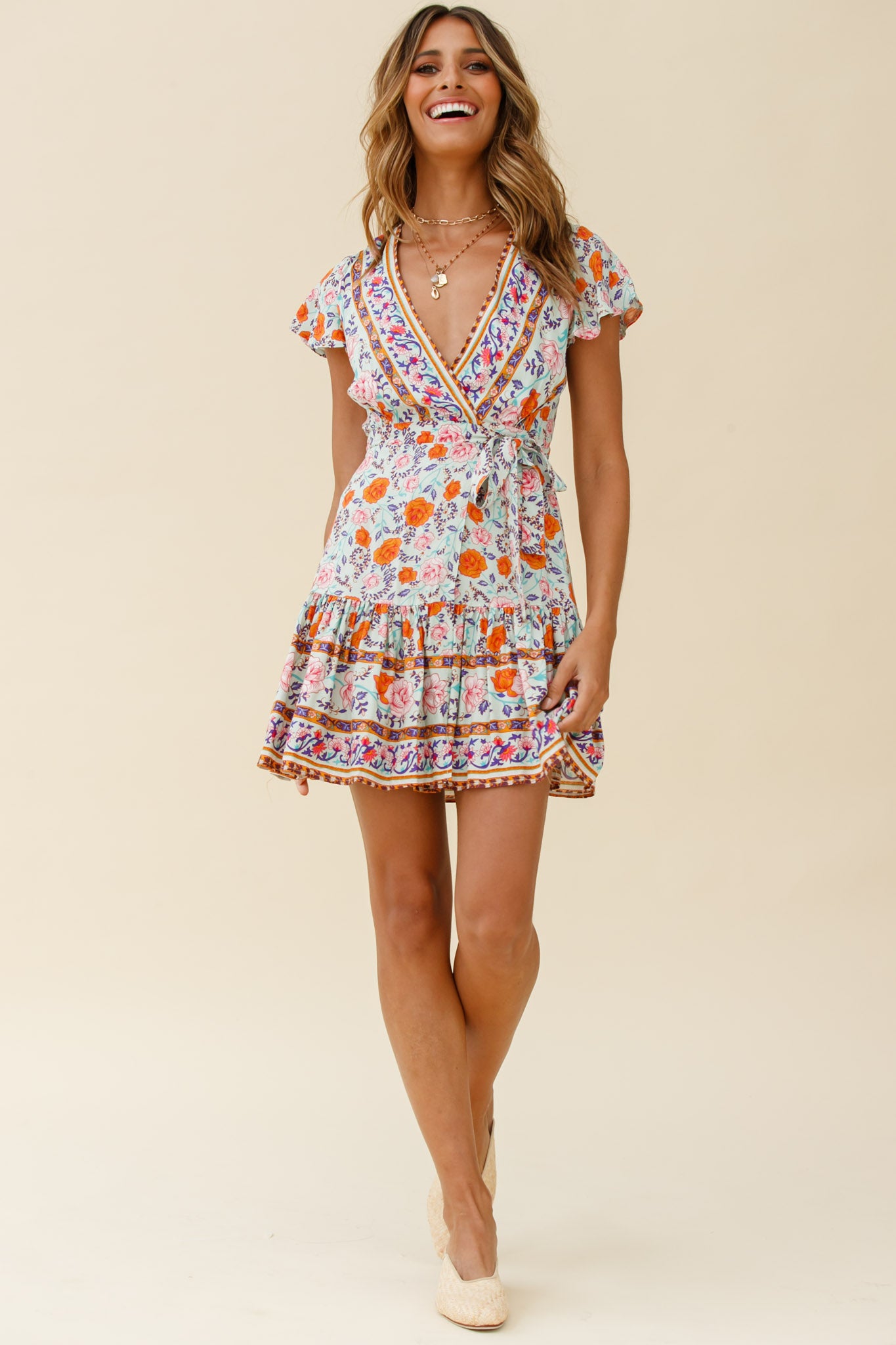 Mayan Angel Sleeve Waist Tie Wrap Dress Floral Print Mint/Pink-Maymioy