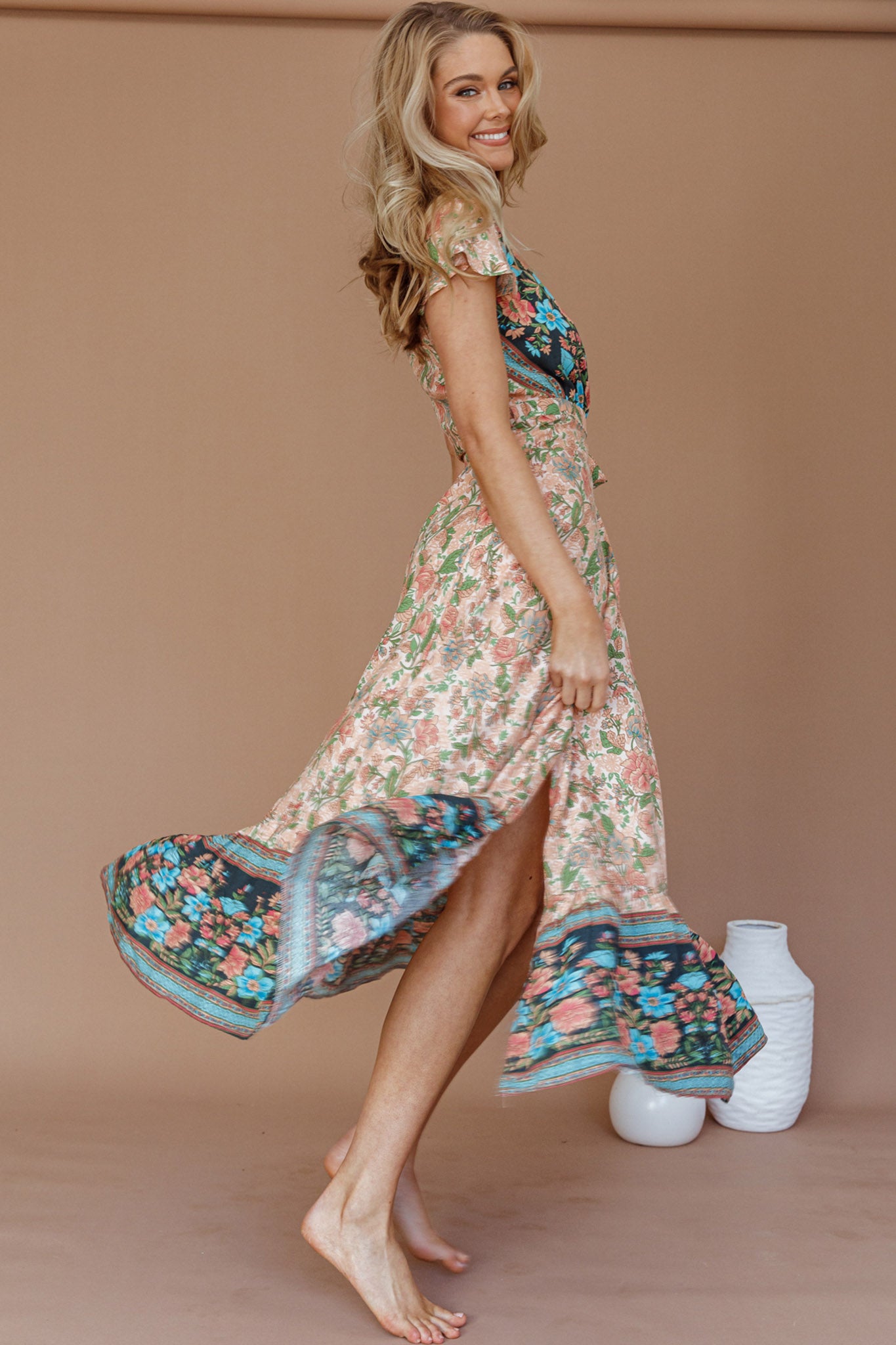 Mayan Angel Sleeve Wrap Midi Dress Floral Nude-Maymioy
