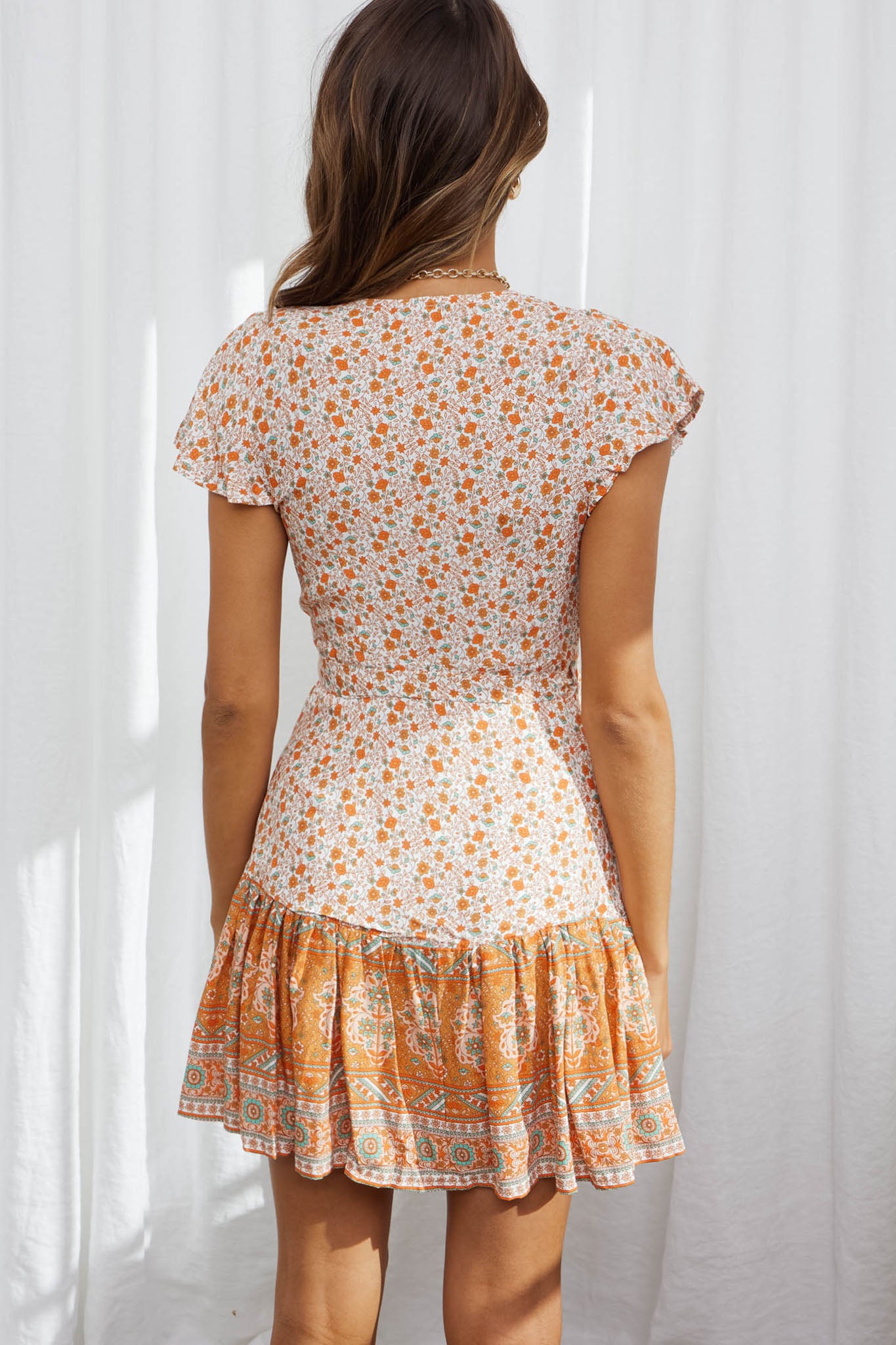 Mayan Angel Sleeve Waist Tie Wrap Dress Floral Print Orange-Maymioy
