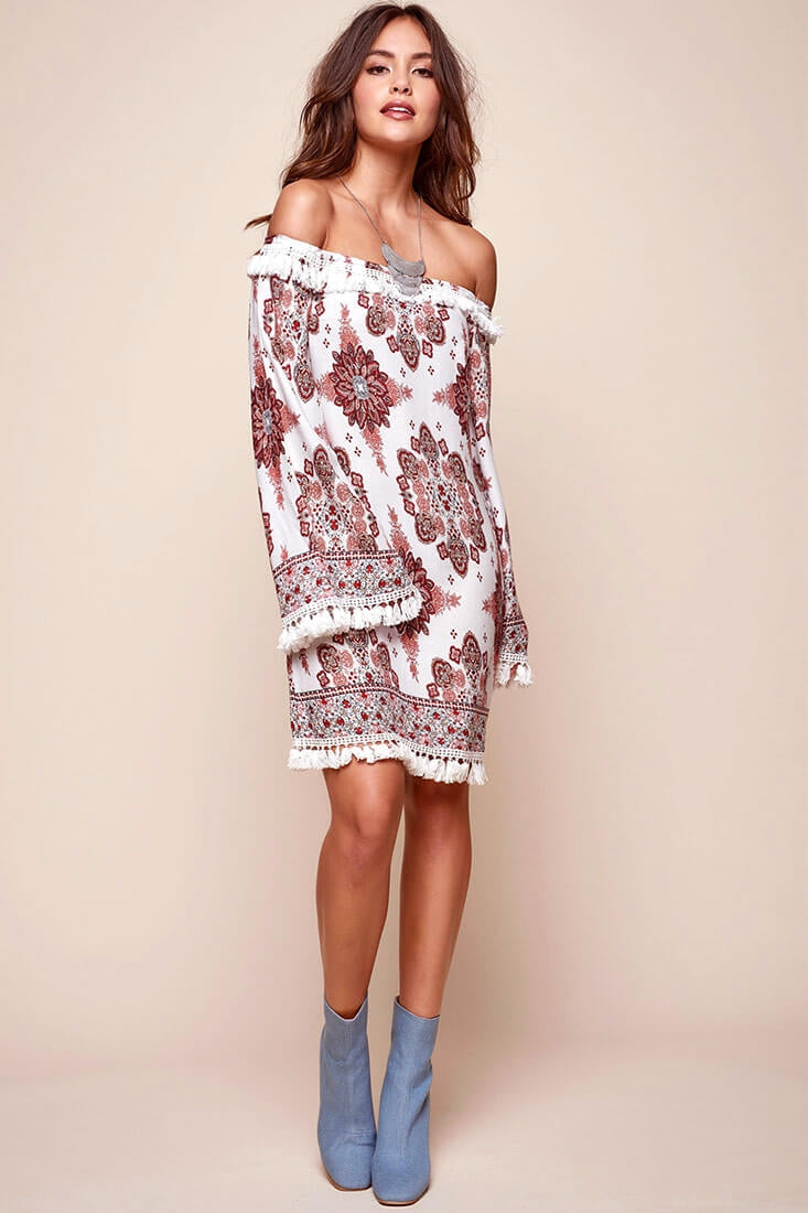Sujata Bohemian Fringe Tunic Dress White-Maymioy