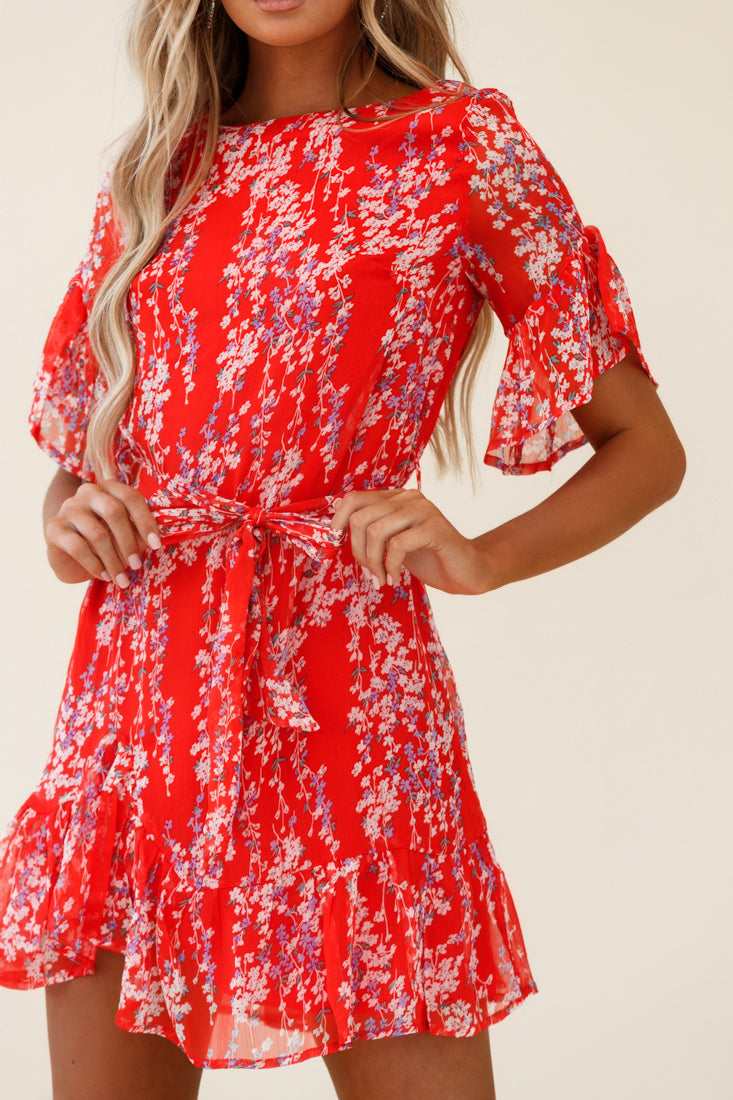 Azealia Ruffle Hem Dress Floral Spring Print Red-Maymioy