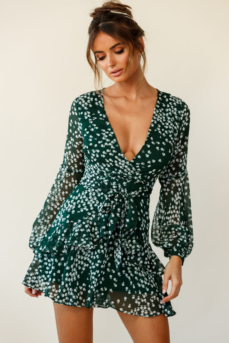 Kerry Layered Balloon Sleeve Dress Flower Print Forest Green-Maymioy