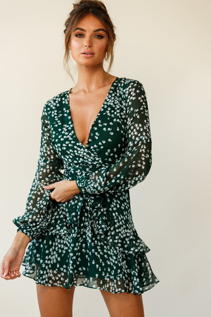 Kerry Layered Balloon Sleeve Dress Flower Print Forest Green-Maymioy
