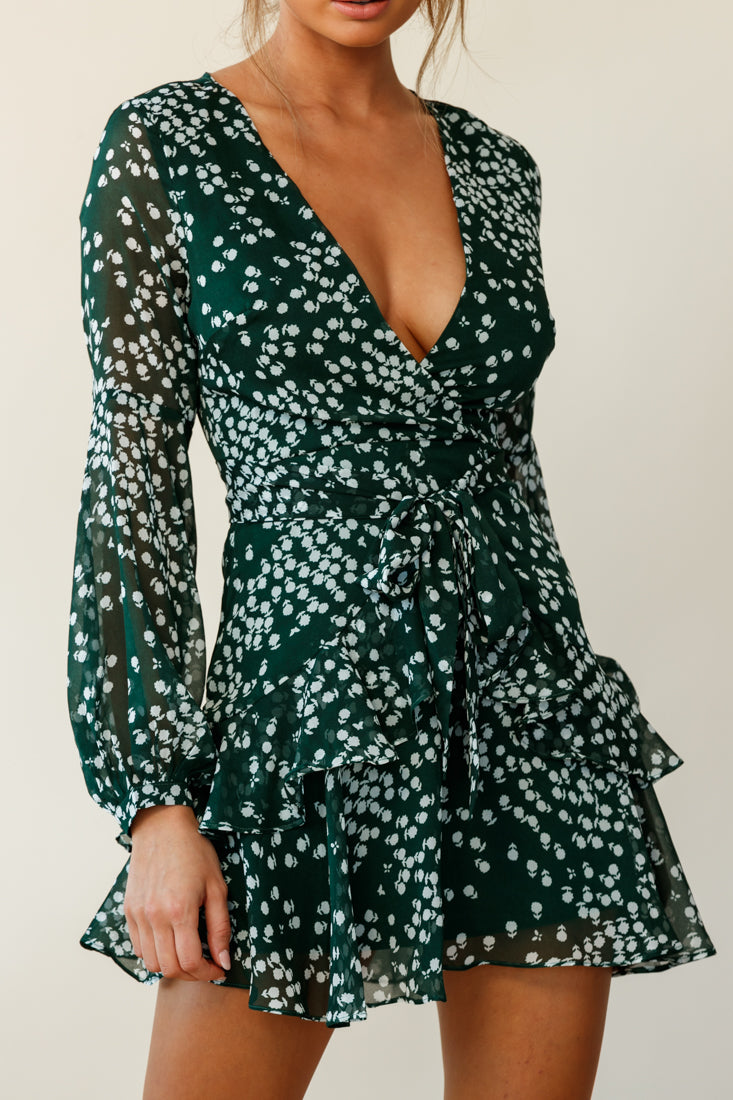 Kerry Layered Balloon Sleeve Dress Flower Print Forest Green-Maymioy