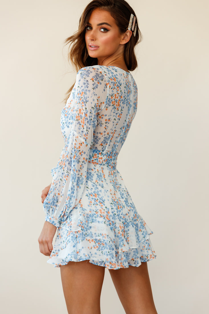 Kerry Layered Balloon Sleeve Dress Floral Vine Print White-Maymioy