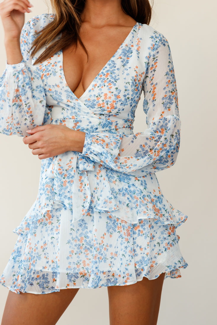 Kerry Layered Balloon Sleeve Dress Floral Vine Print White-Maymioy