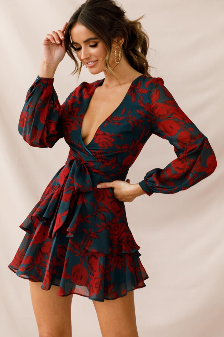 Kerry Layered Balloon Sleeve Dress Forest Green/Red-Maymioy
