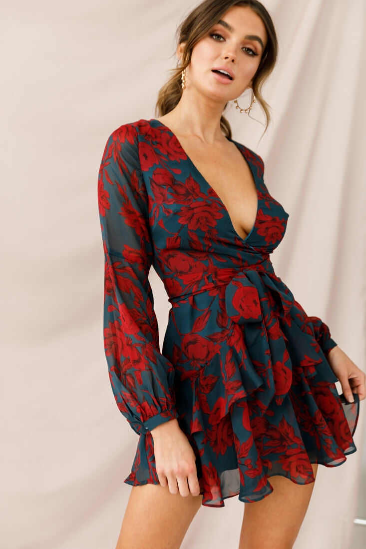 Kerry Layered Balloon Sleeve Dress Forest Green/Red-Maymioy