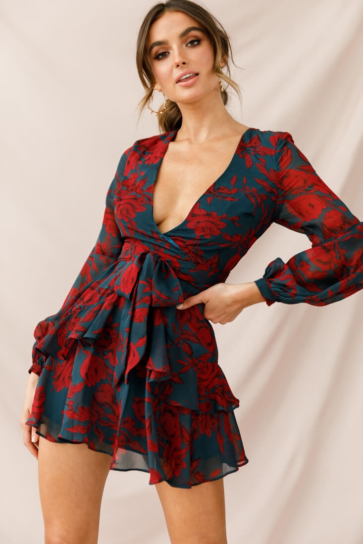 Kerry Layered Balloon Sleeve Dress Forest Green/Red-Maymioy
