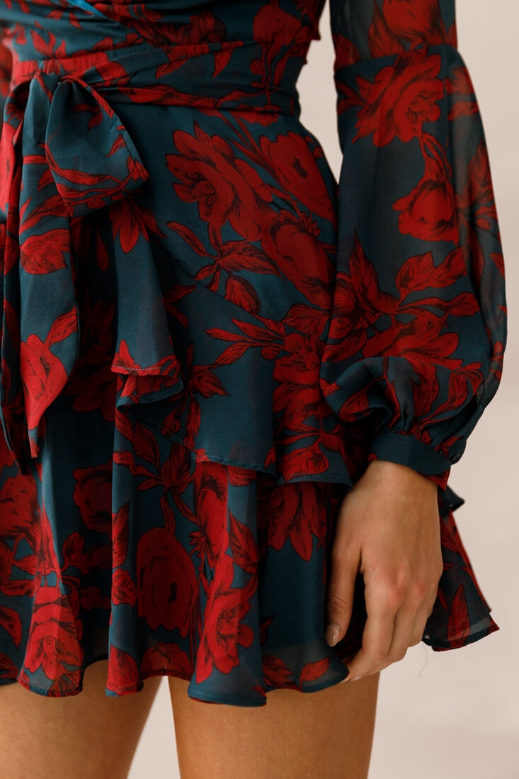 Kerry Layered Balloon Sleeve Dress Forest Green/Red-Maymioy