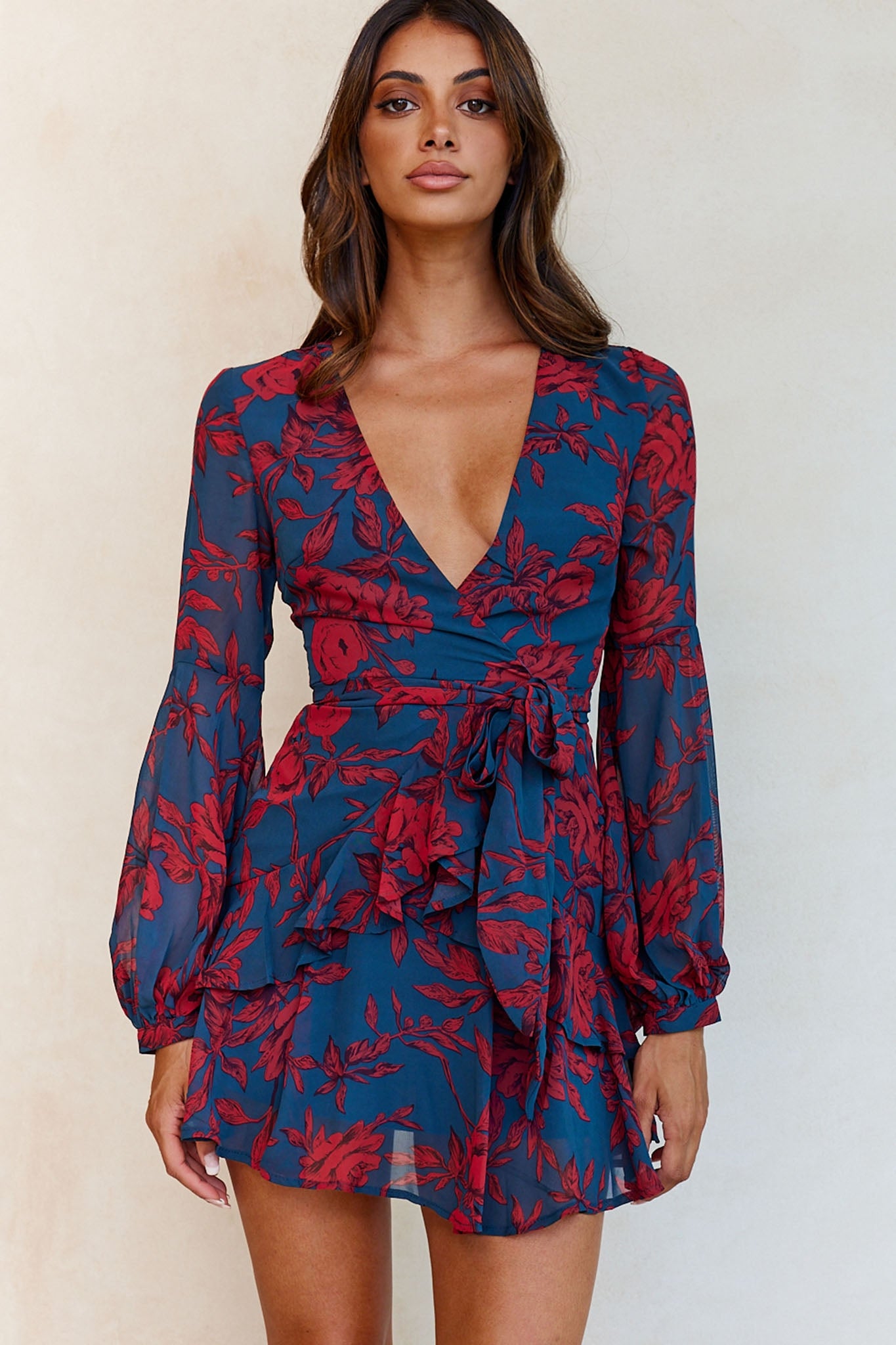 Kerry Layered Balloon Sleeve Dress Forest Green/Red-Maymioy