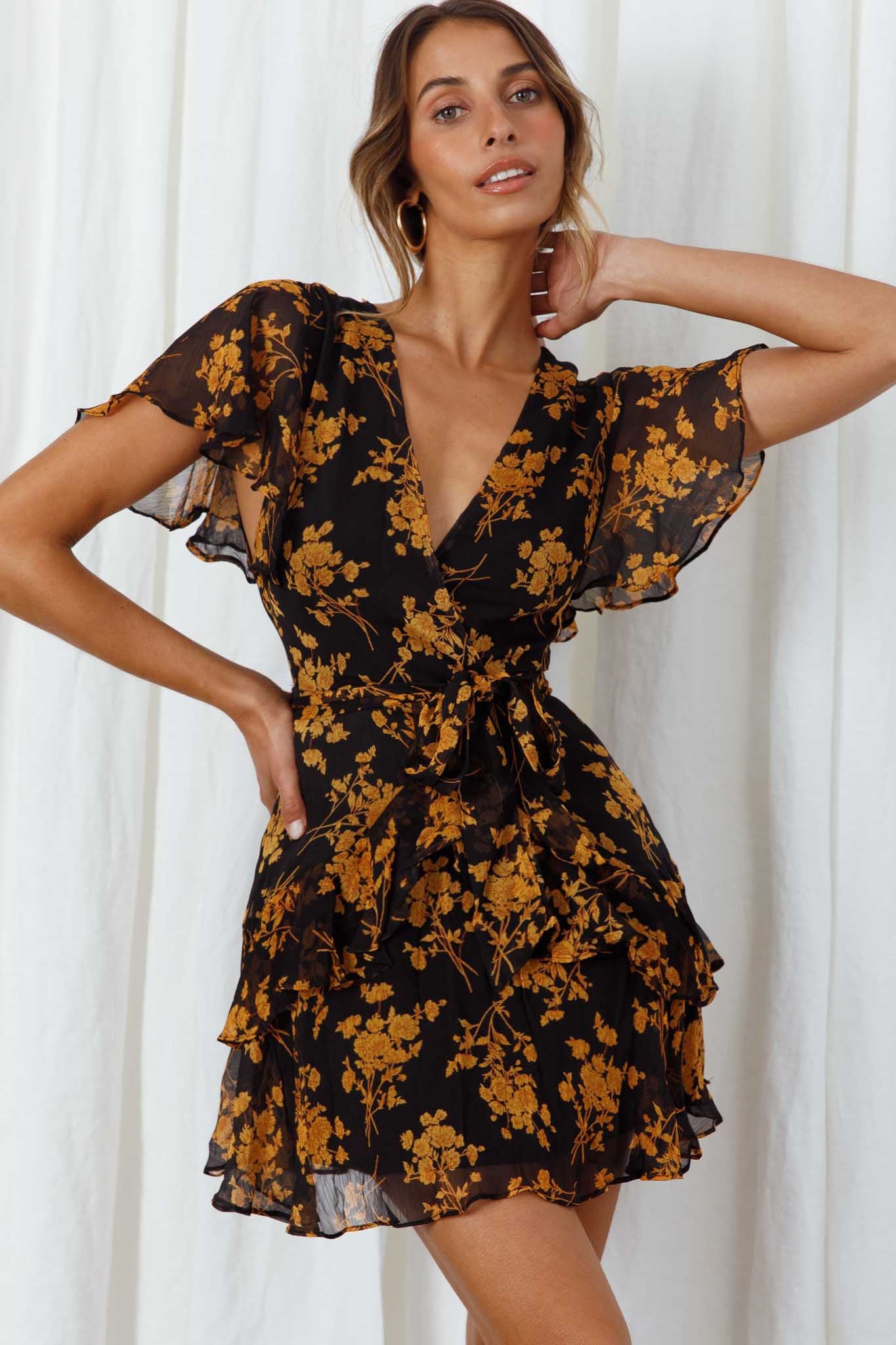 Kerry Layered Angel Sleeve Dress Black/Orange Flower-Maymioy