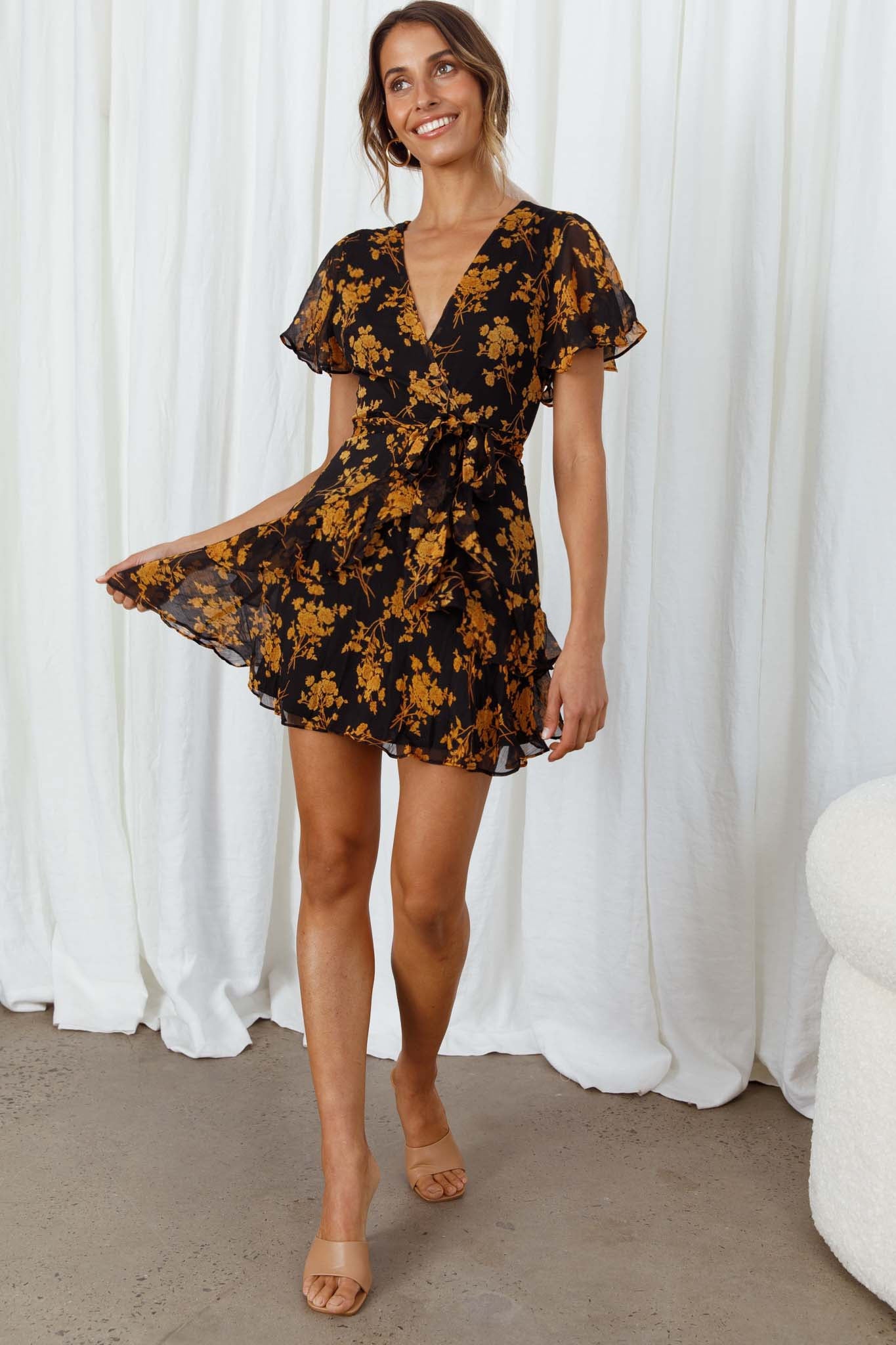 Kerry Layered Angel Sleeve Dress Black/Orange Flower-Maymioy