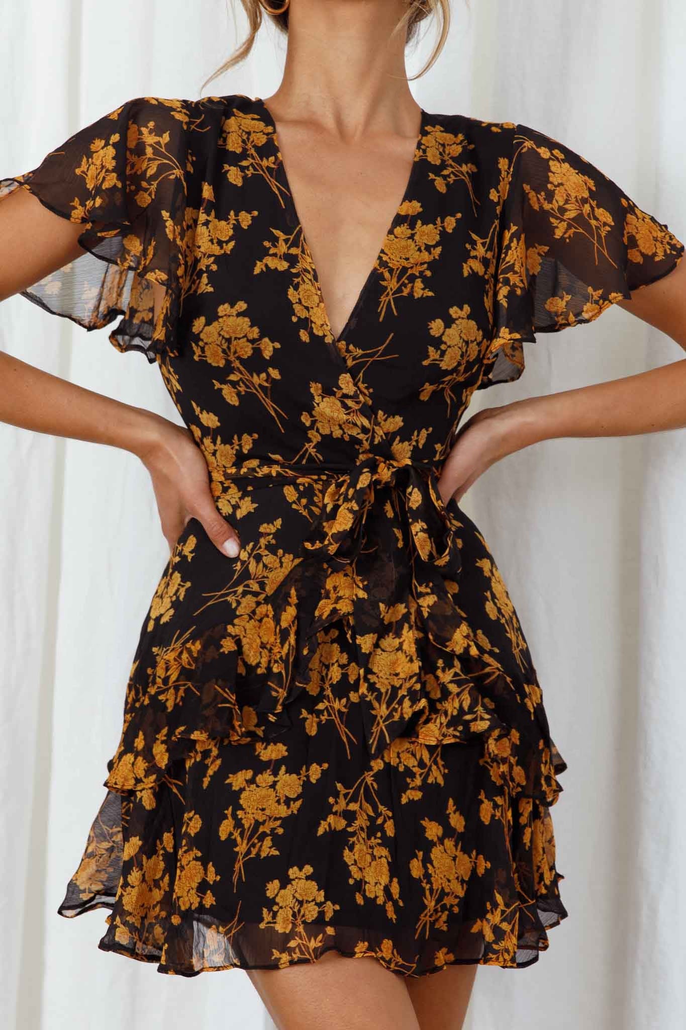 Kerry Layered Angel Sleeve Dress Black/Orange Flower-Maymioy