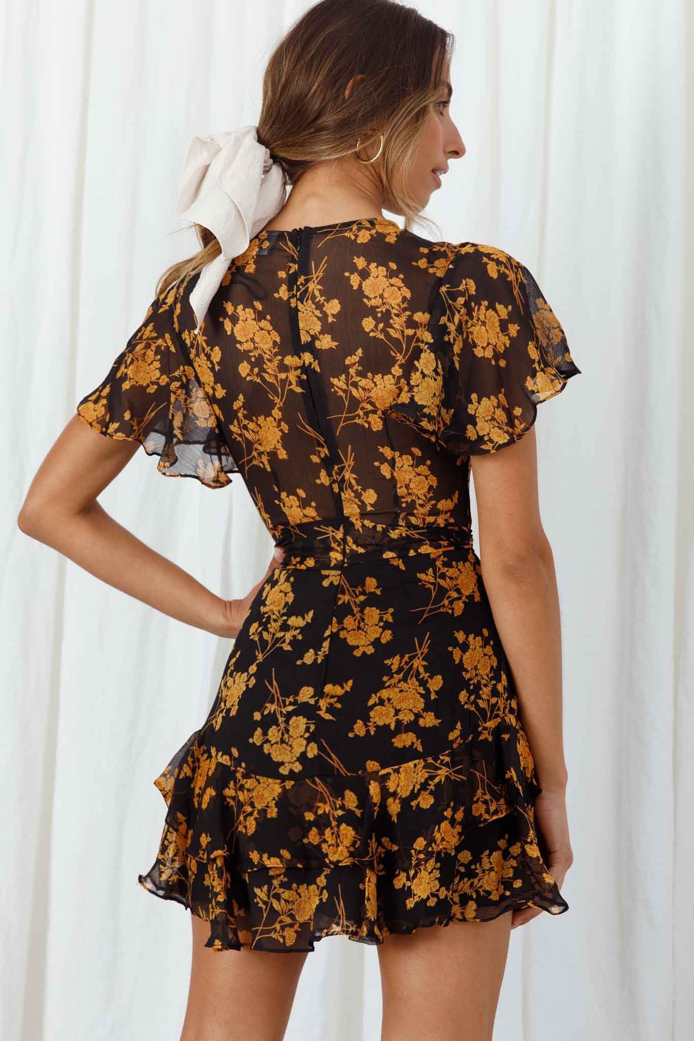 Kerry Layered Angel Sleeve Dress Black/Orange Flower-Maymioy