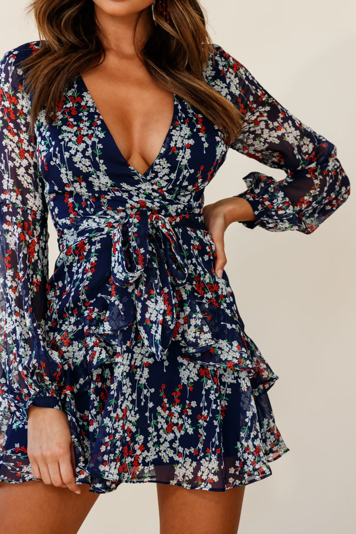 Kerry Layered Balloon Sleeve Dress Floral Vine Print Navy-Maymioy