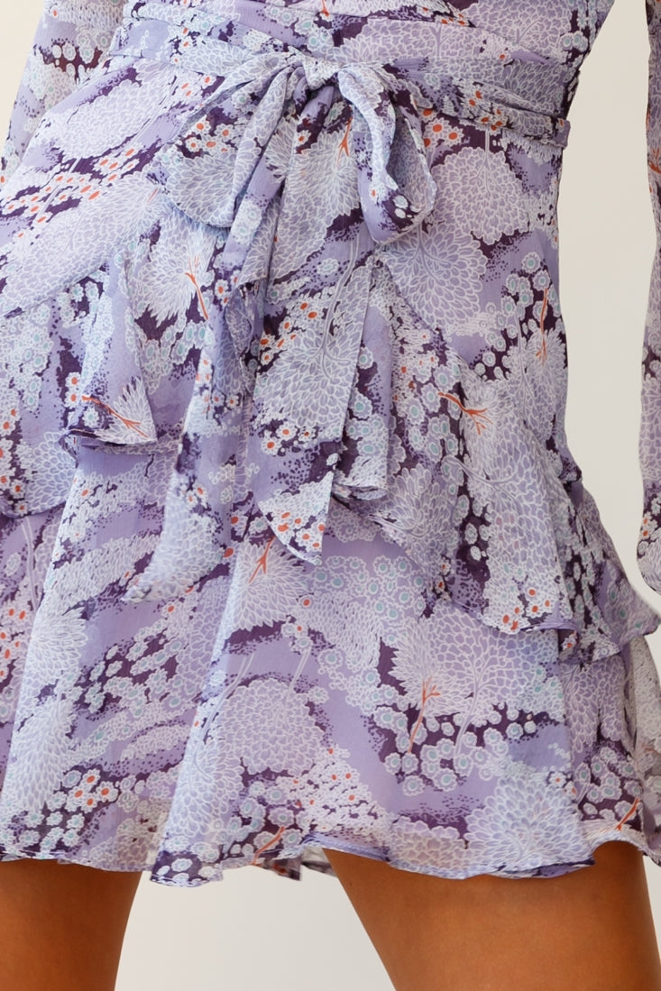 Kerry Layered Balloon Sleeve Dress Flower Pattern Lilac-Maymioy