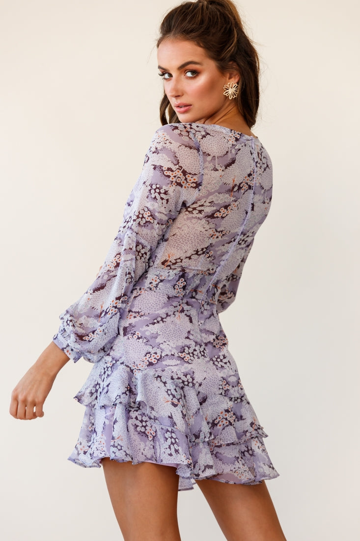 Kerry Layered Balloon Sleeve Dress Flower Pattern Lilac-Maymioy