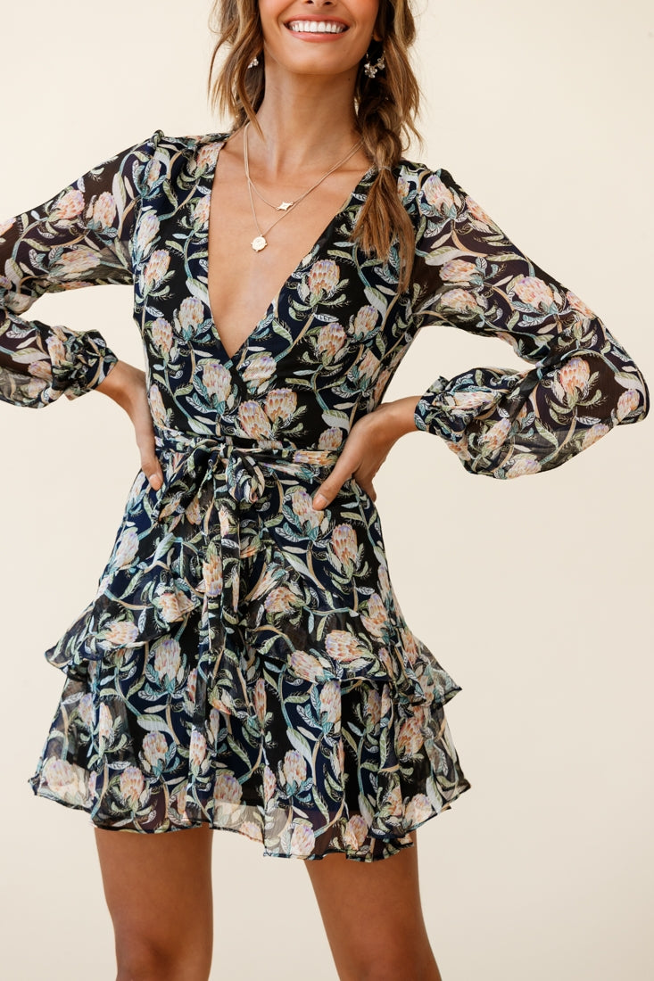 Kerry Layered Balloon Sleeve Dress Banksia Print Black-Maymioy