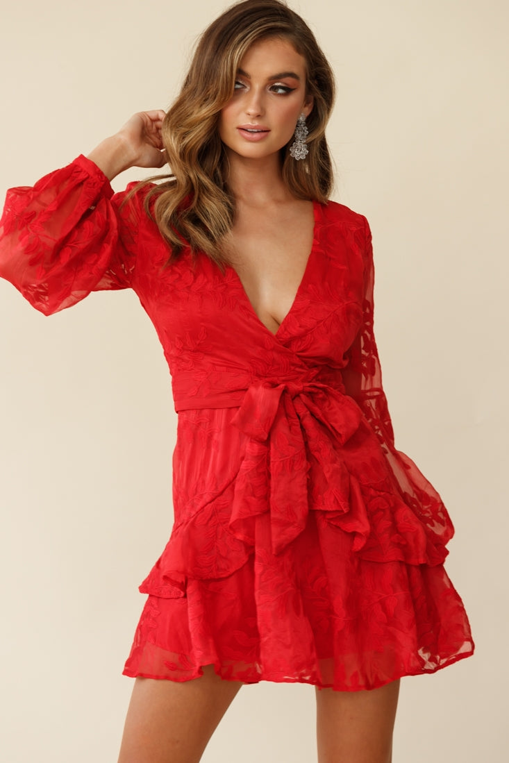 Kerry Layered Balloon Sleeve Dress Floral Embroidered Red-Maymioy