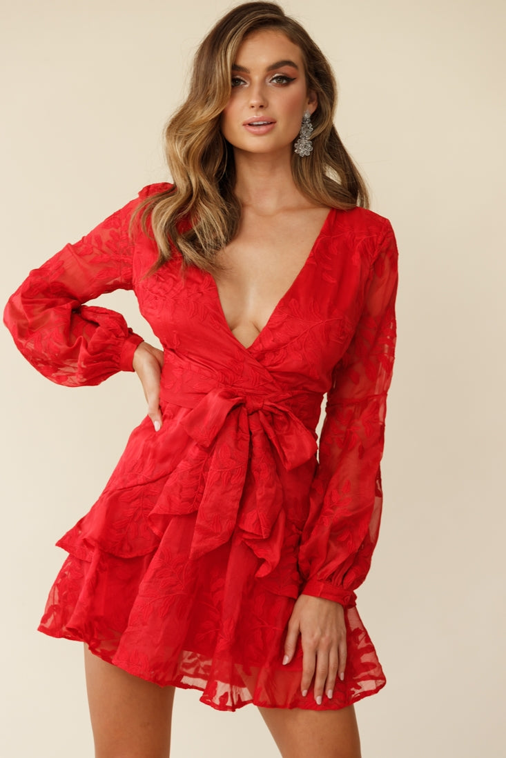 Kerry Layered Balloon Sleeve Dress Floral Embroidered Red-Maymioy