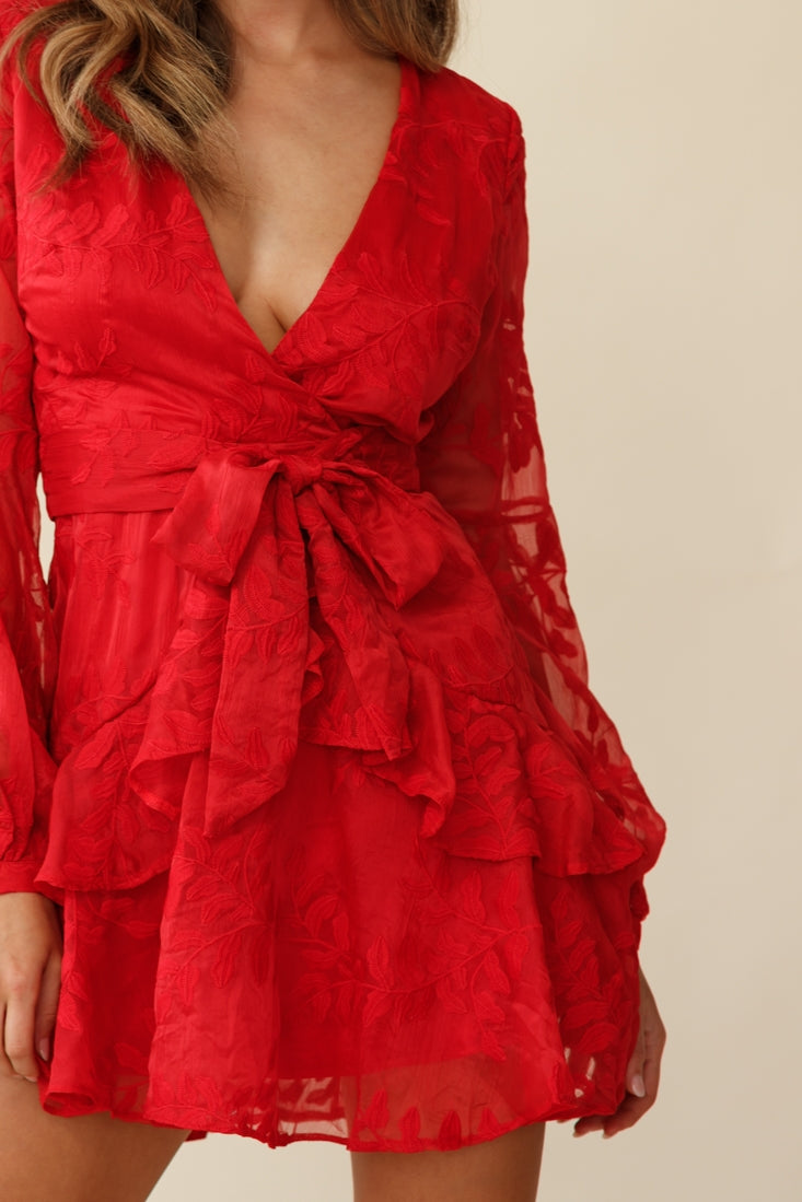 Kerry Layered Balloon Sleeve Dress Floral Embroidered Red-Maymioy