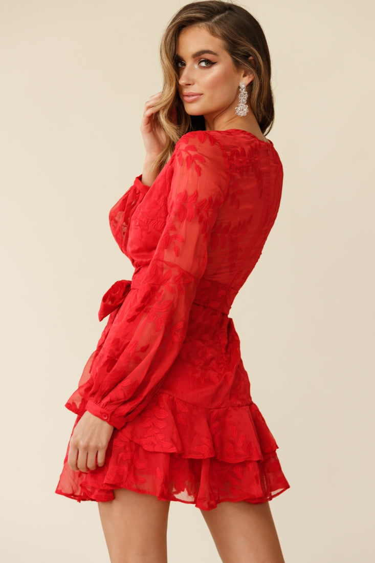 Kerry Layered Balloon Sleeve Dress Floral Embroidered Red-Maymioy