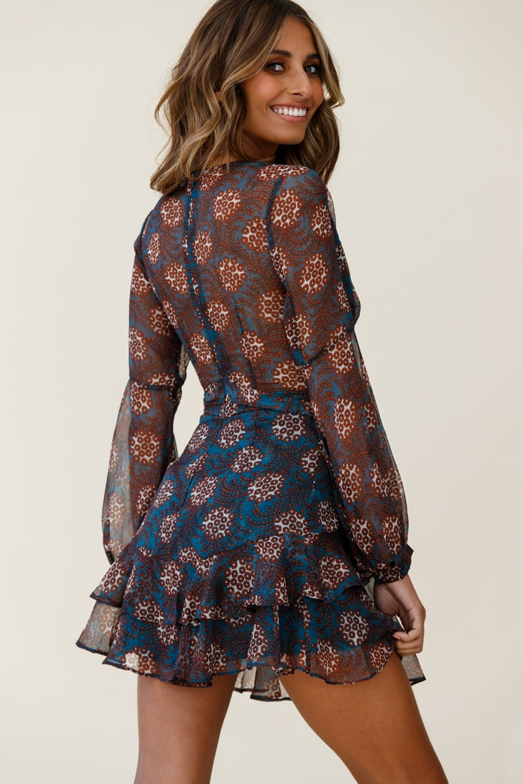 Kerry Layered Balloon Sleeve Dress Leaf Print Teal-Maymioy