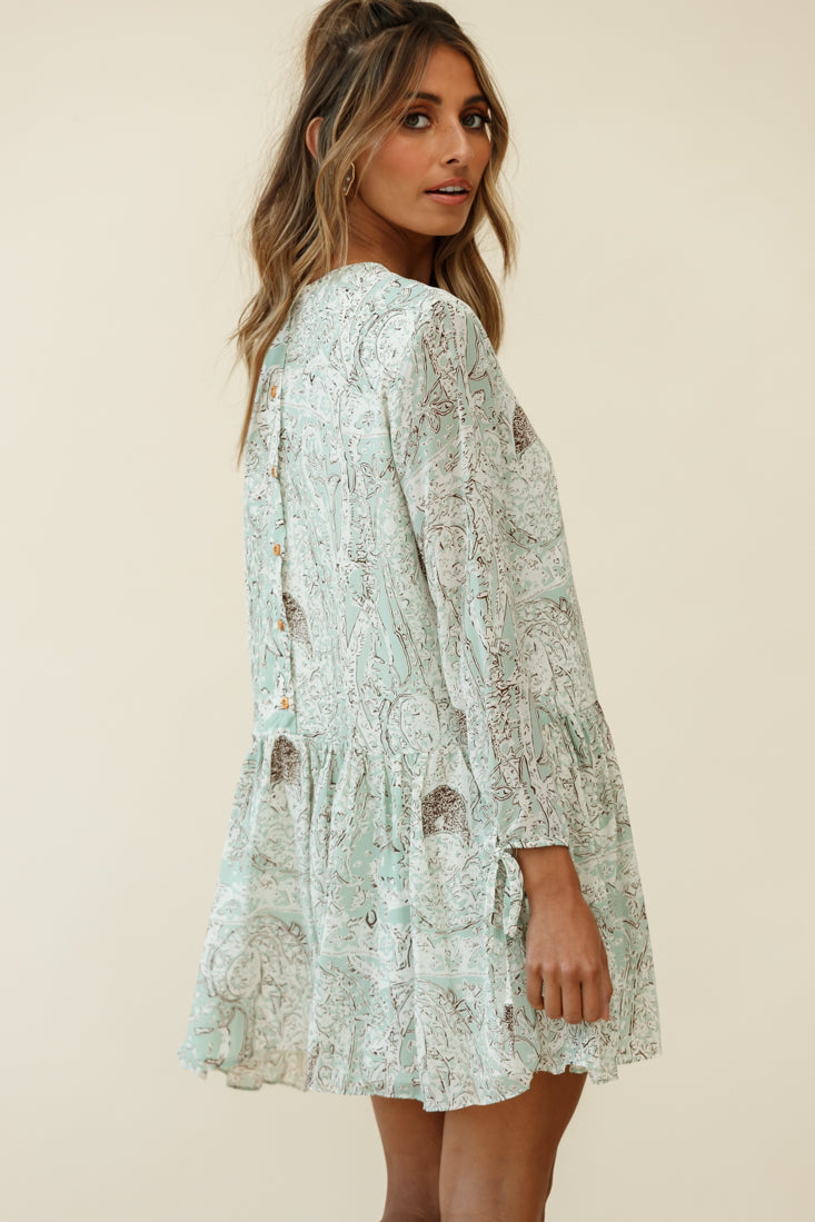 Mina Long Sleeve Button Back Shift Dress Ornate Print Green-Maymioy