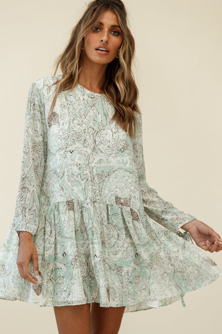 Mina Long Sleeve Button Back Shift Dress Ornate Print Green-Maymioy