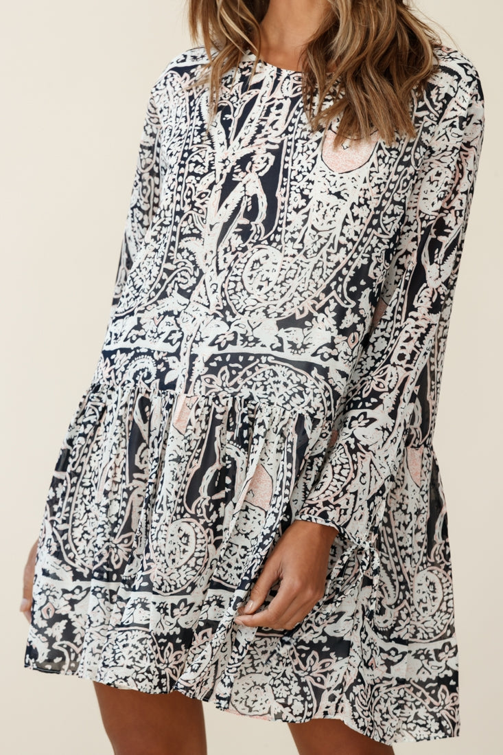 Mina Long Sleeve Button Back Shift Dress Ornate Print Navy-Maymioy