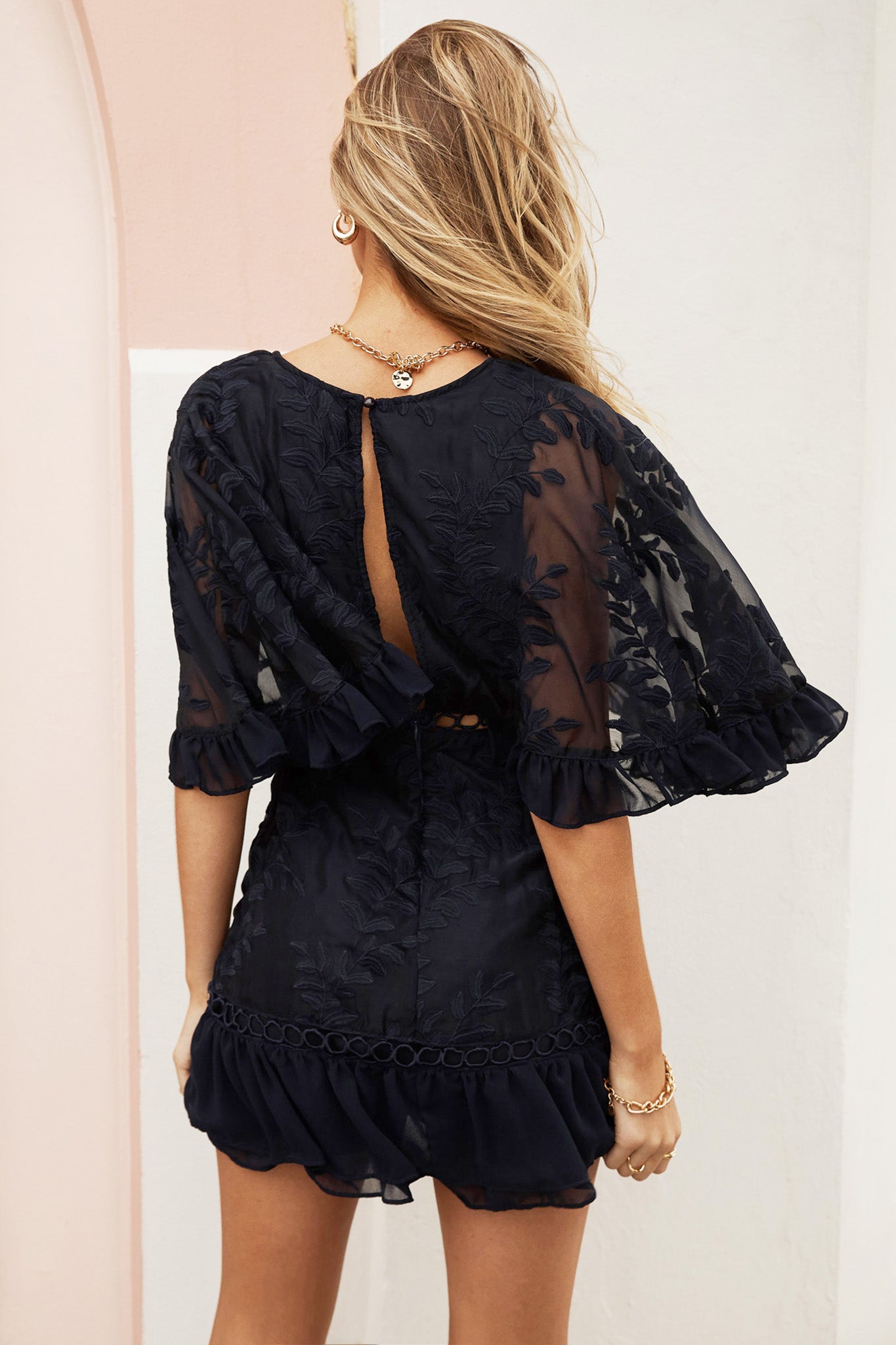 Caspar Cape Sleeve Leaf Embroidered Dress Navy-Maymioy