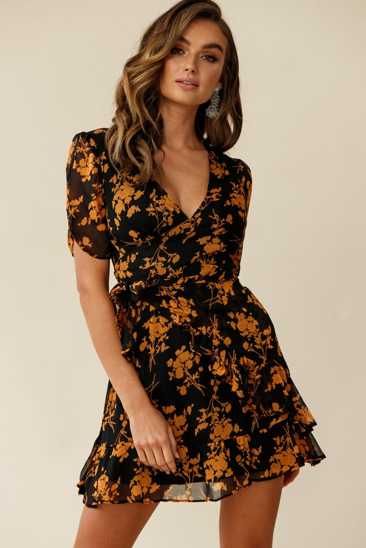 Wonderland Wrap Front Tea Dress Floral Print Black/Mustard-Maymioy
